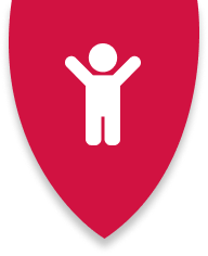 A red shield with an image of a person on it.